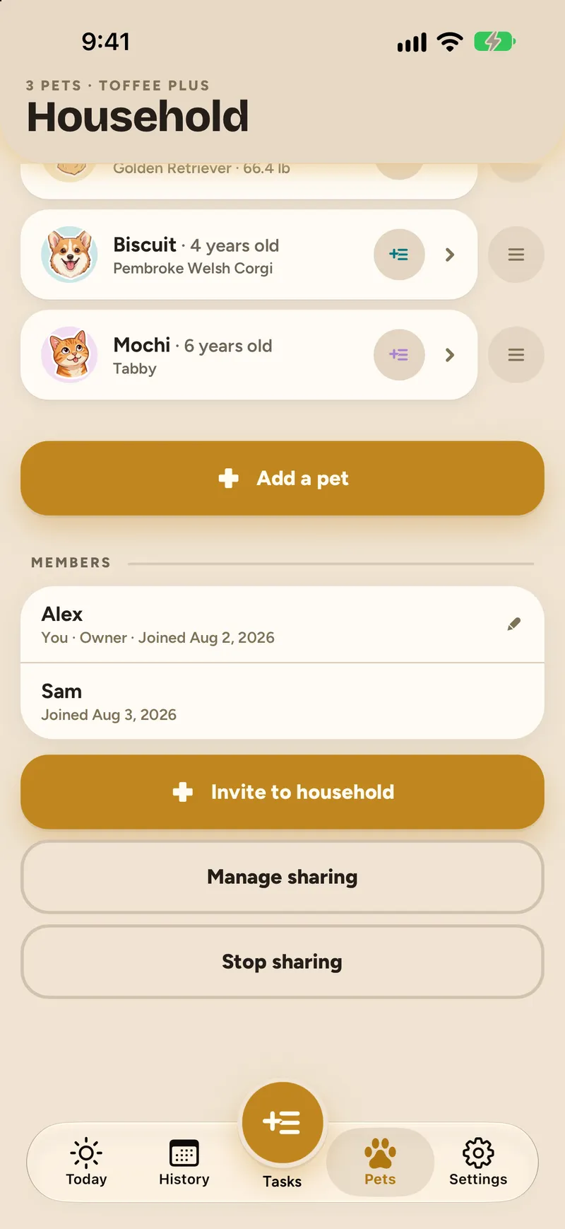 The Household screen: three pets, and two members — Alex, the owner, and Sam — with buttons to invite someone, manage sharing or stop sharing.