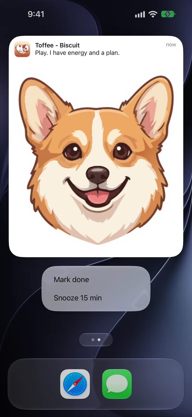 A Toffee reminder pulled open on the home screen: Biscuit’s playtime, in Biscuit’s voice, with Mark done and Snooze 15 min.