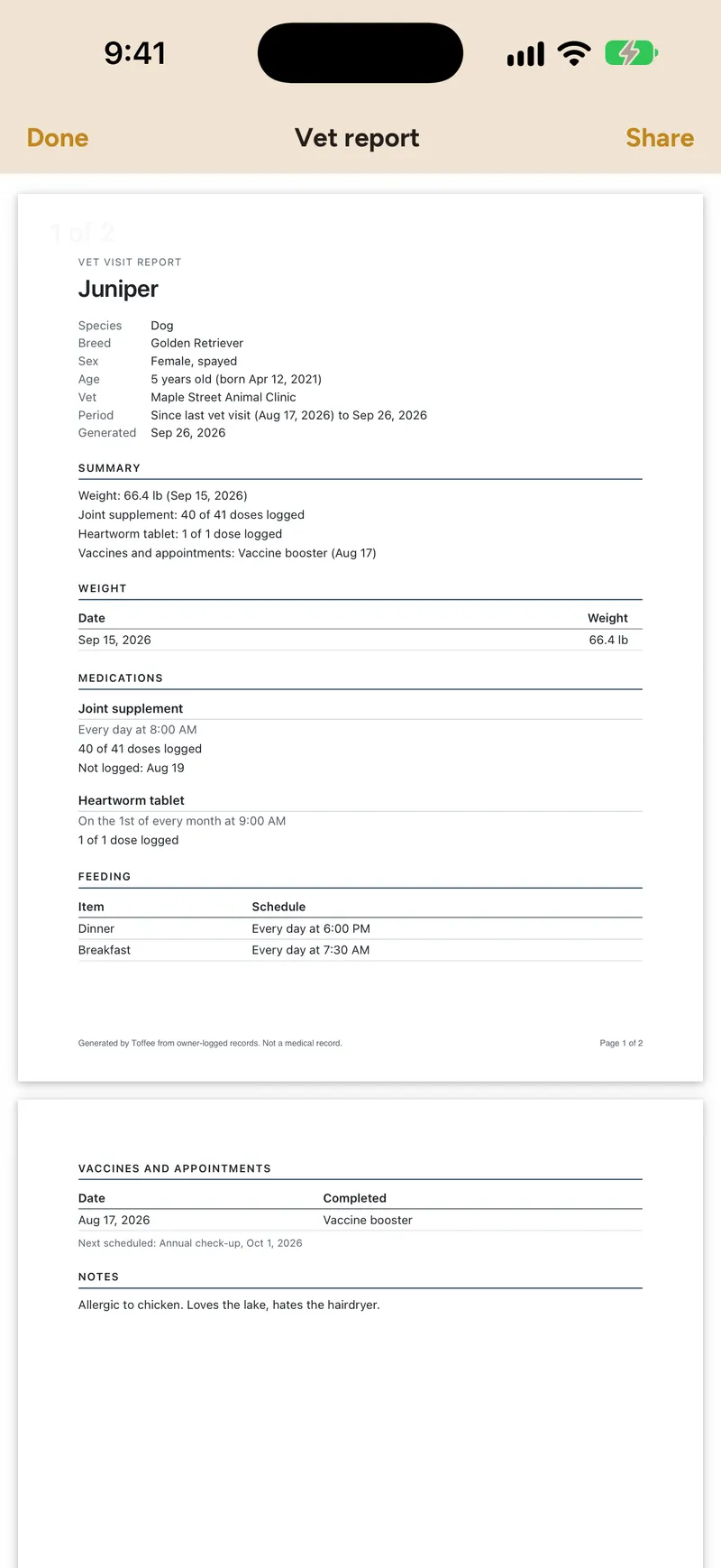 The first page of Juniper’s vet report: a summary for the last six months, then weight, medications with what was logged, feeding, and vaccines and appointments.