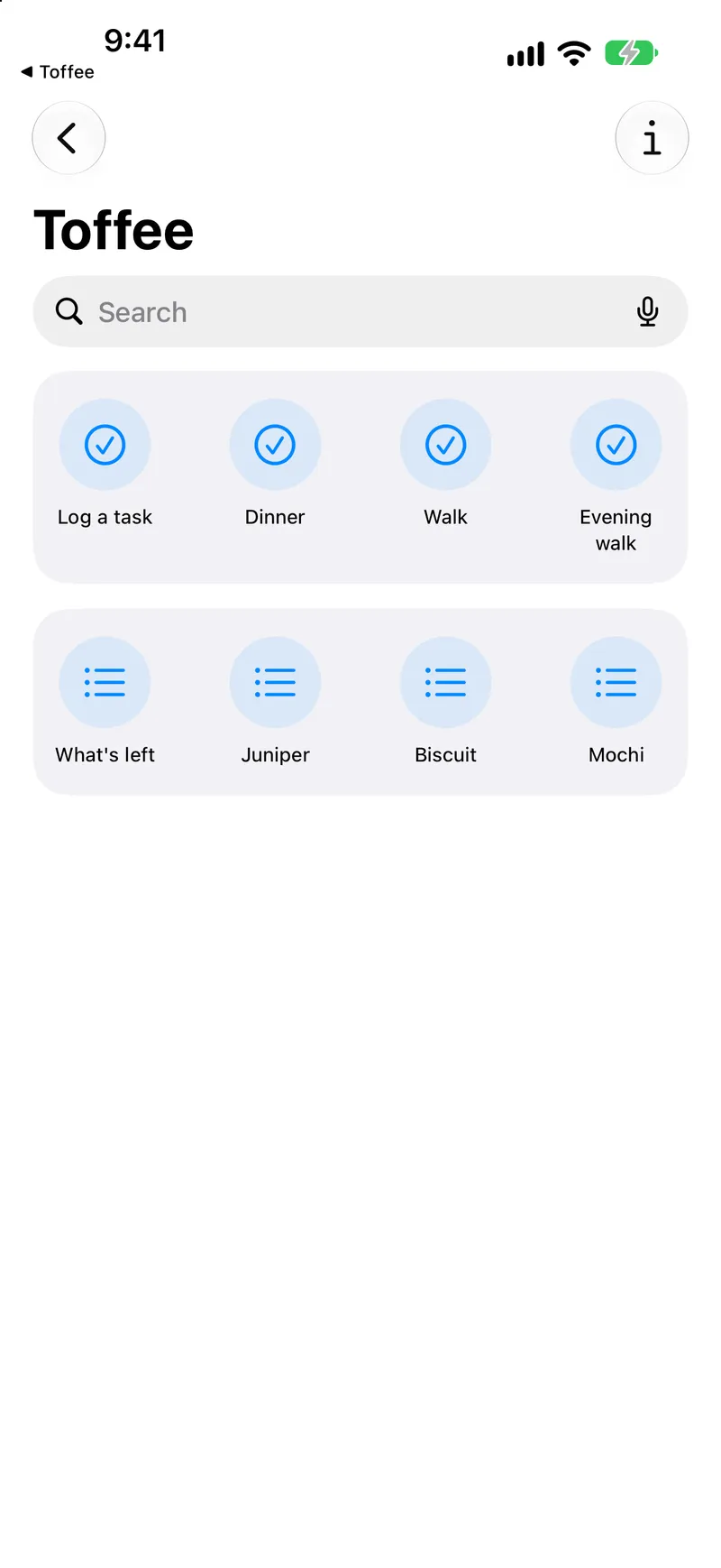 Toffee in the Shortcuts app: “Log a task” and one shortcut per open task, and “What’s left” for the household or each pet.